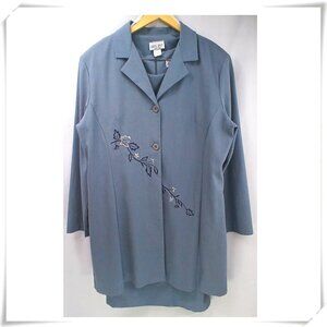 Dress Savvy Vintage Blue Grey Midi Dress and Long Blazer Set with Embroidery